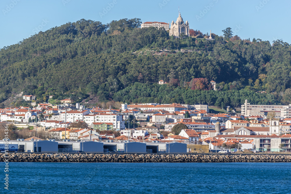 Santa Luzia Basilica over Viana do Castelo city, view from Cabedelo Beach in Portugal