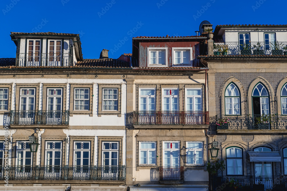 Townhouses on Camoes Square in Ponte de Lima, small town in historical Minho Province, Portugal