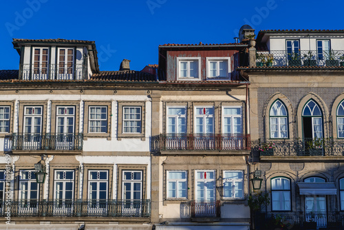 Townhouses on Camoes Square in Ponte de Lima, small town in historical Minho Province, Portugal