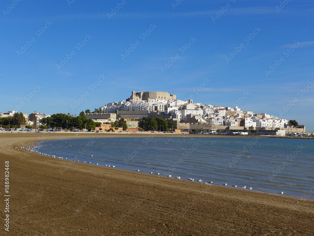 Seagulls resting in a bay near Peñiscola Castle, Valencian Community