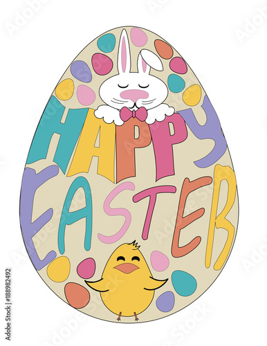 Colorful Happy Easter greeting card with eggs, chick and rabbit elements composition. EPS10 vector