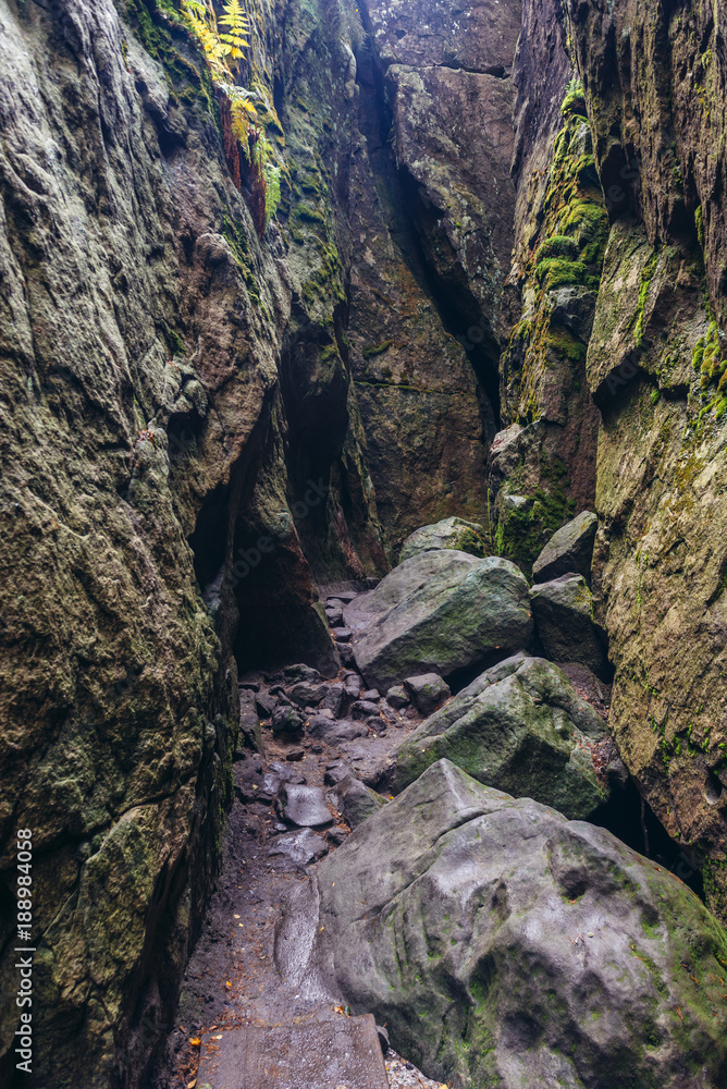 Path in Devil's Kitchen on Szczeliniec Wielki in Table Mountains National Park, Sudetes in Poland