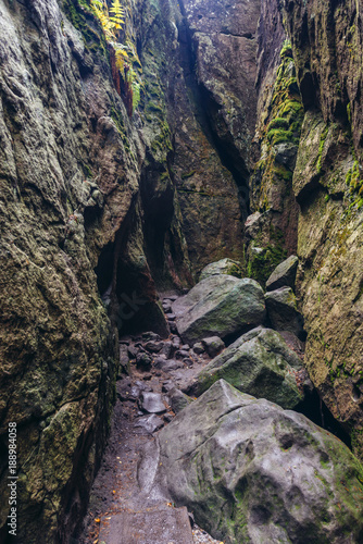 Path in Devil's Kitchen on Szczeliniec Wielki in Table Mountains National Park, Sudetes in Poland