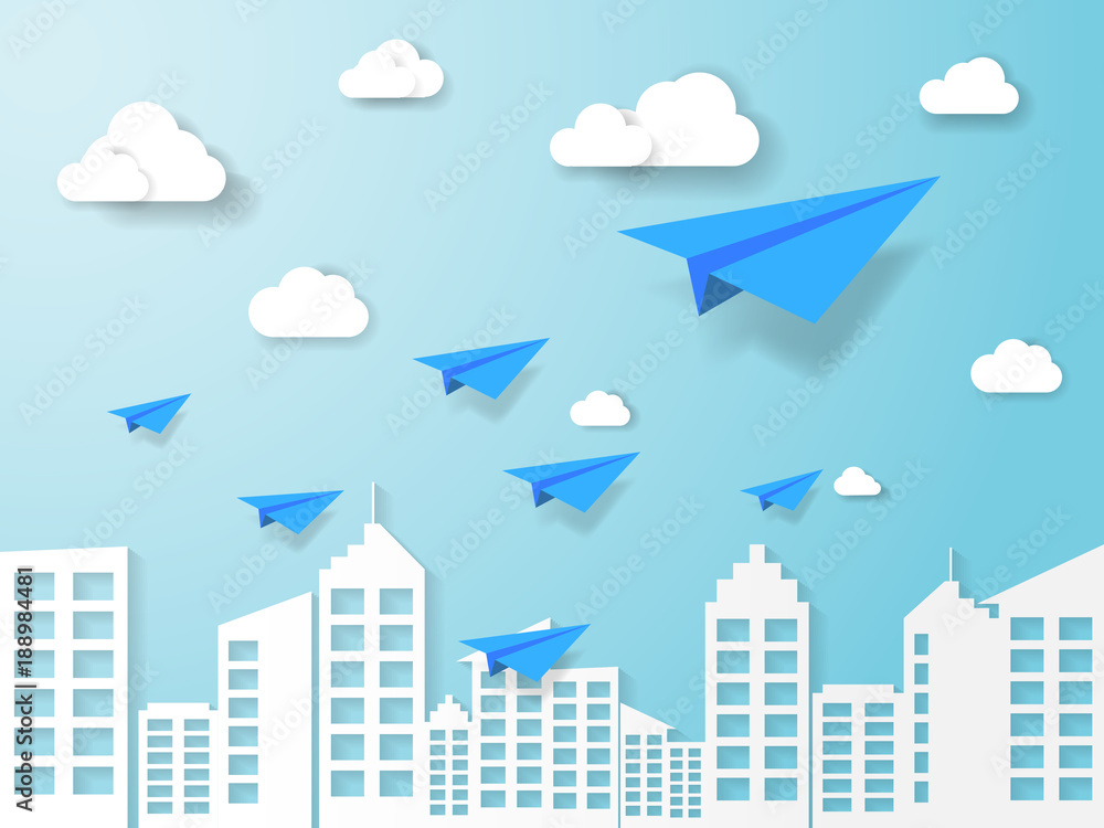 Obraz premium plane flying on blue sky with cloud and building. illustration of business and leadership concept. nature landscape with paper art style.