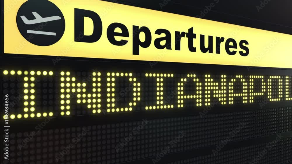 Flight to Indianapolis on international airport departures board. Travelling to the United States conceptual intro animation Flight to Indianapolis on international airport departures board. Travelling to the United States conceptual intro animation