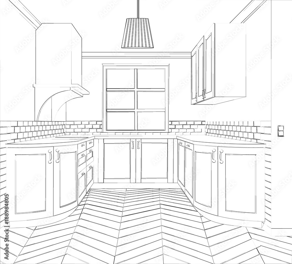 Sketch cuisine. Plan kitchen. Illustration contemporary kitchen sketch.
