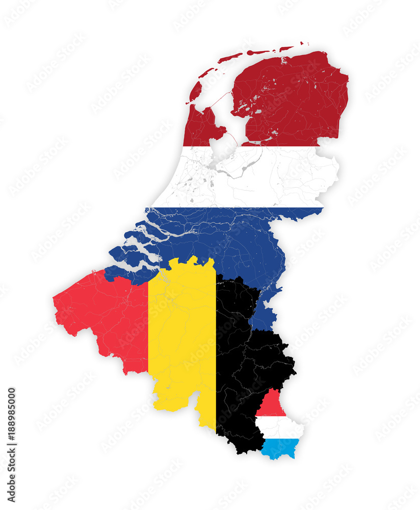 Fototapeta premium Mapa krajów BeNeLux z rzekami i jeziorami w kolorach flag narodowych. Mapa składa się z oddzielnych map Belgii, Holandii i Luksemburga, których można używać oddzielnie.