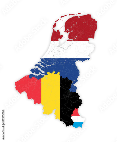 Map of BeNeLux countries with rivers and lakes in colors of the national flags. Map consists of separate maps of Belgium, Netherlands and Luxembourg that can be used separately.