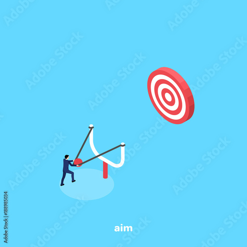 a man in a business suit aiming from a slingshot to a target, an isometric image