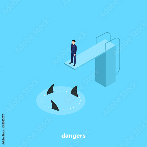 a man in a business suit is standing on a diving platform and below are swimmers sharks, an isometric image