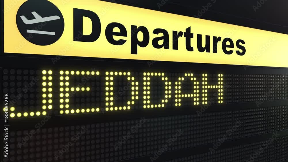 Flight to Jeddah on international airport departures board. Travelling to Saudi Arabia conceptual intro animation Flight to Jeddah on international airport departures board. Travelling to Saudi Arabia conceptual intro animation