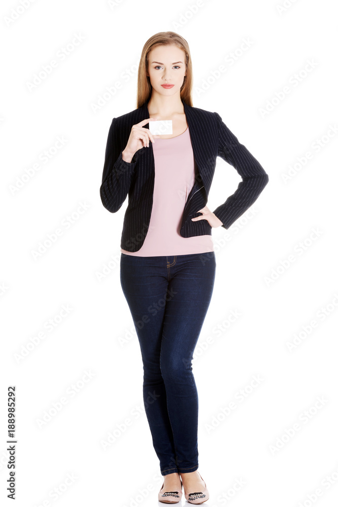 Fototapeta premium Beautiful caucasin business woman holding personal card.