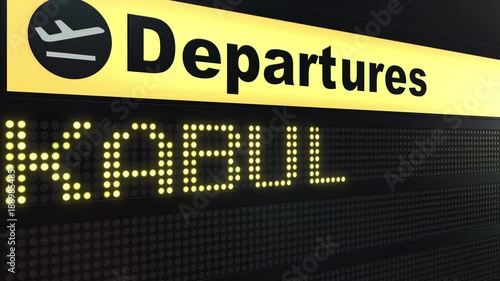 Flight to Kabul on international airport departures board. Travelling to Afghanistan conceptual intro animation photo