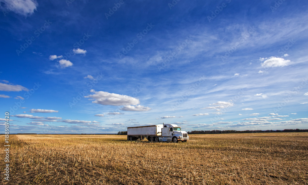 Heavy transport truck and trailer parked in a golden harvested field under a cloudy and sunny countryside autumn landscape