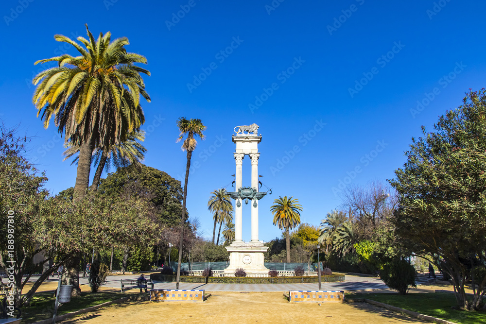 Columbus Monument in Jardines de Murillo, Seville, Spain