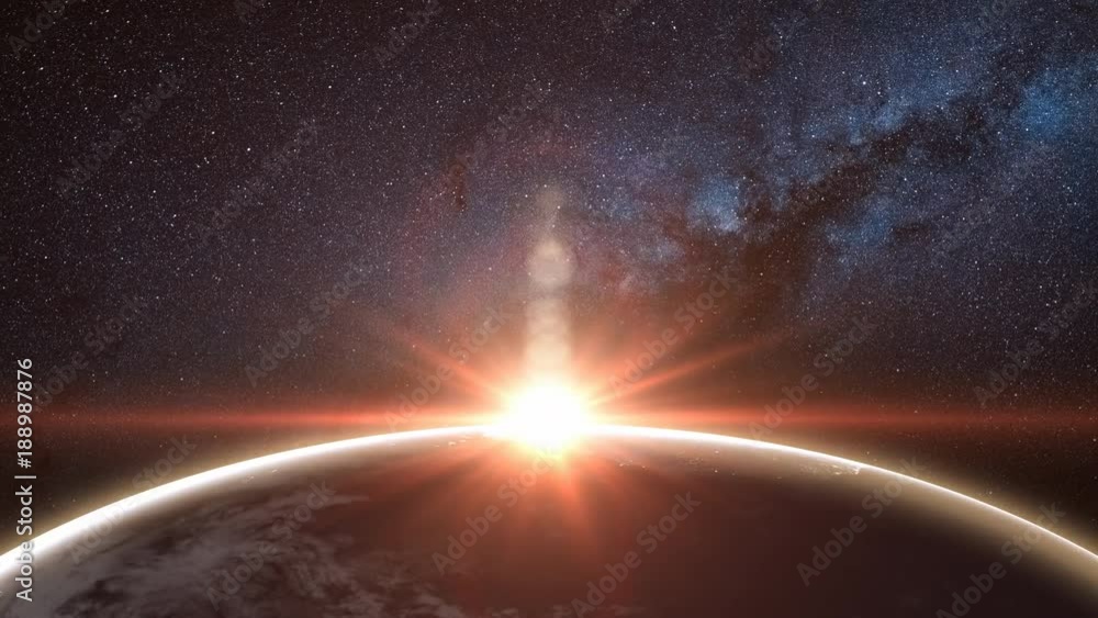 Sunrise view from space on Planet Earth. World rotating on its axis in black Universe in stars. Cities Lights at Night. High detailed 4k 3D Render animation. Elements of this image furnished by NASA