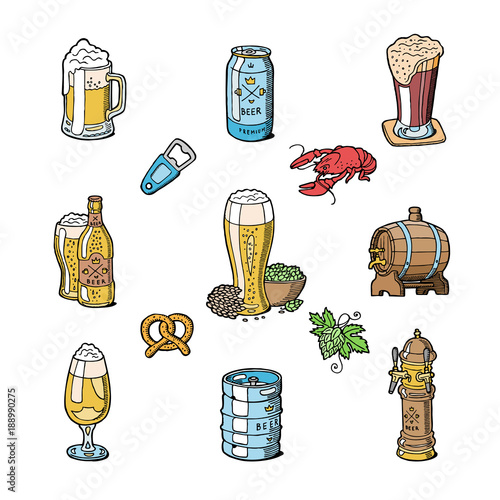 Beer in beerhouse brewery vector beermug or beerbottle and dark ale or beerbarrel in bar on beery party with alcohol set illustration isolated on white background