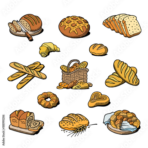 Bakery and bread vector baking breadstuff meal loaf or baguette baked by baker in bakehouse set illustration isolated on white background