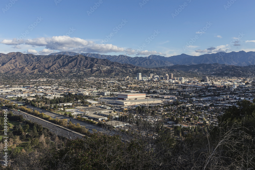 Hilltop view of downtown Glendale and the San Gabriel Mountains in Los Angeles County, California.