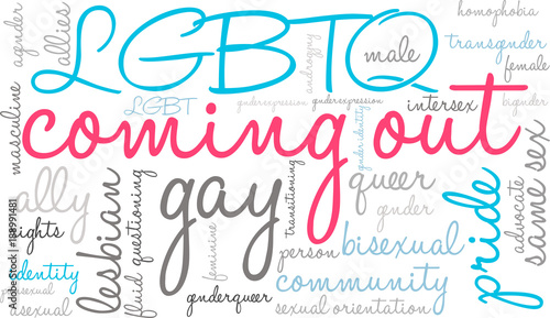 Coming Out Word Cloud on a white background. 