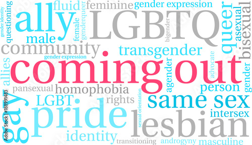 Coming Out Word Cloud on a white background.