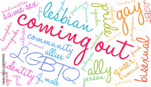 Coming Out Word Cloud on a white background. 