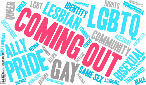 Coming Out LGBTQ word cloud on a white background. 