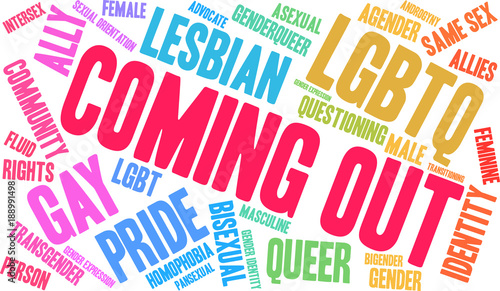 Coming Out Word Cloud on a white background. 