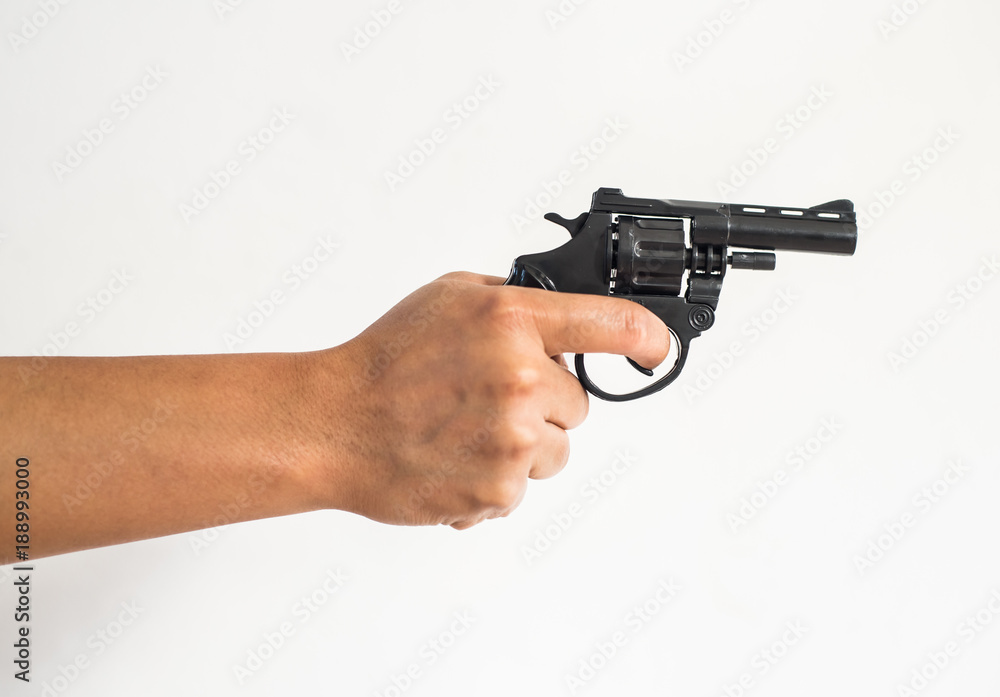 Hand shooting gun on white background.killer concept. Hand shooting gun on white background.killer concept.