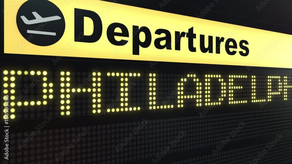 Flight to Philadelphia on international airport departures board. Travelling to the United States conceptual intro animation Flight to Philadelphia on international airport departures board. Travelling to the United States conceptual intro animation
