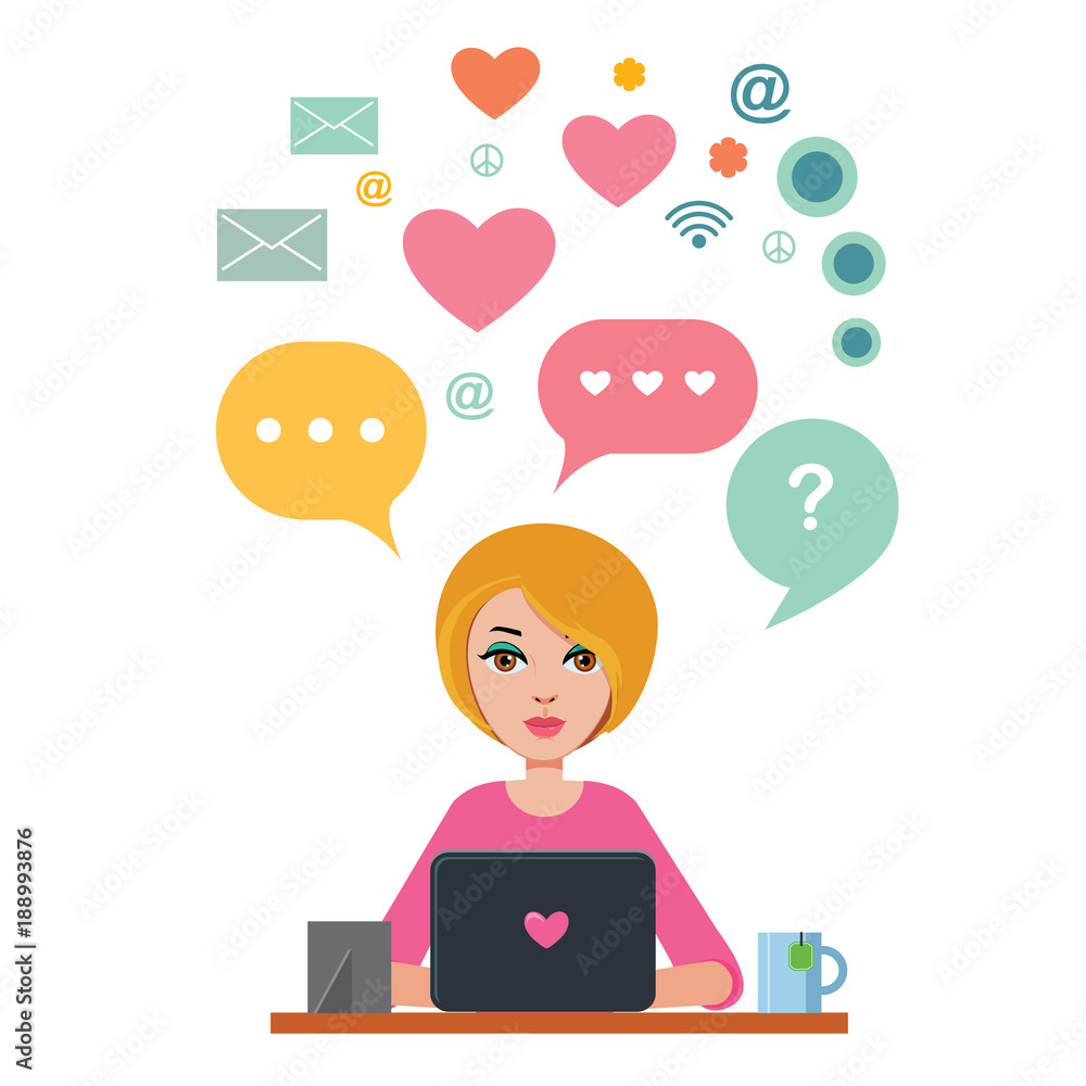 girl sitting at the desk with laptop and chatting girl sitting at the desk with laptop and chatting