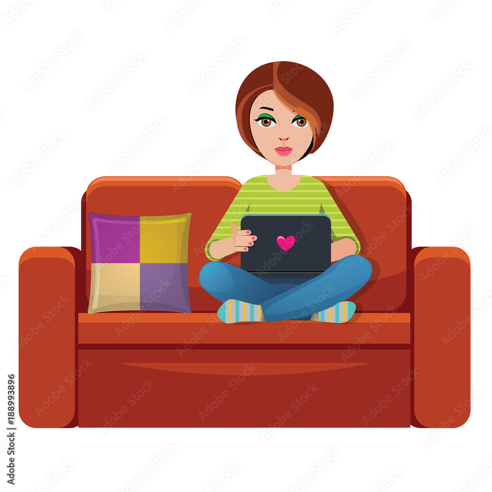 girl sitting on the couch with laptop girl sitting on the couch with laptop