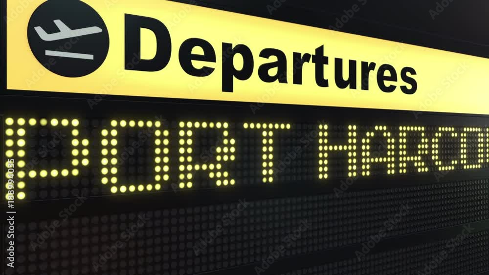 Flight to Port Harcourt on international airport departures board. Travelling to Nigeria conceptual intro animation Flight to Port Harcourt on international airport departures board. Travelling to Nigeria conceptual intro animation