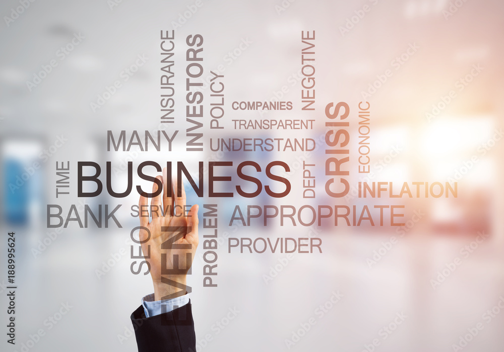 Concept of modern business with palm choocing on of keywords for success