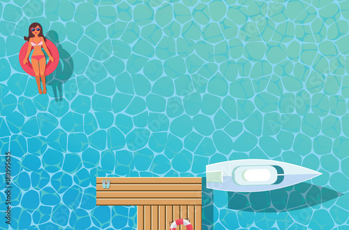top view vector banner with sunbathing girl and boat and wooden pier
