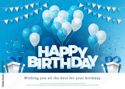 Photography Happy Birthday greeting card lettering template with balloon, flag, confetti and gift box