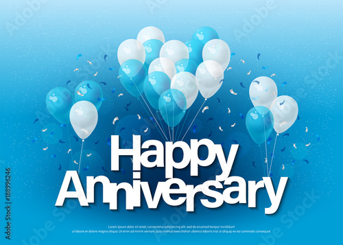 happy anniversary greeting card lettering template with balloon and confetti. Design for invitation card, banner, web, header and flyer. vector illustrator