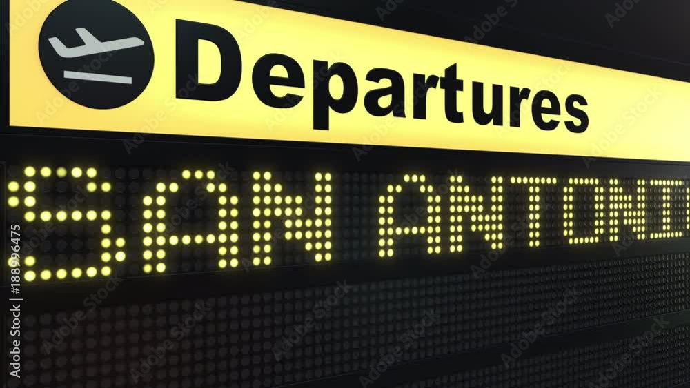 Flight to San Antonio on international airport departures board. Travelling to the United States conceptual intro animation Flight to San Antonio on international airport departures board. Travelling to the United States conceptual intro animation