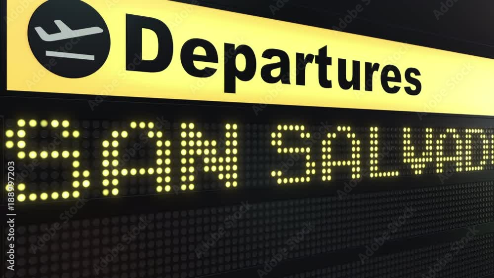 Flight to San Salvador on international airport departures board. Travelling to El Salvador conceptual intro animation Flight to San Salvador on international airport departures board. Travelling to El Salvador conceptual intro animation