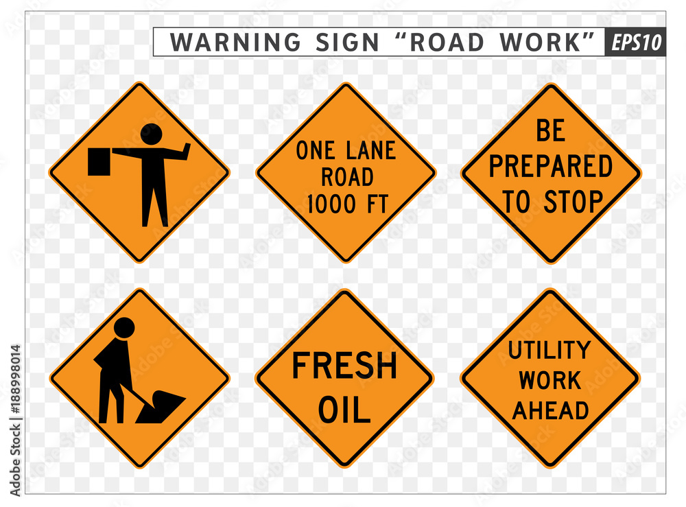 Road sign. Warning. Road Work. Vector illustration on transparent