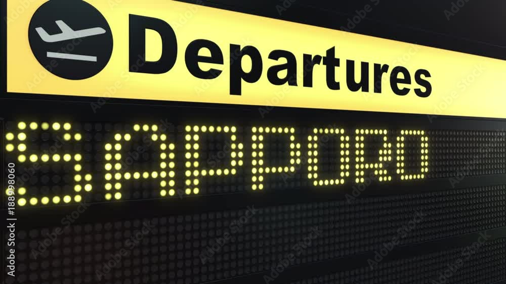 Flight to Sapporo on international airport departures board. Travelling to Japan conceptual intro animation Flight to Sapporo on international airport departures board. Travelling to Japan conceptual intro animation