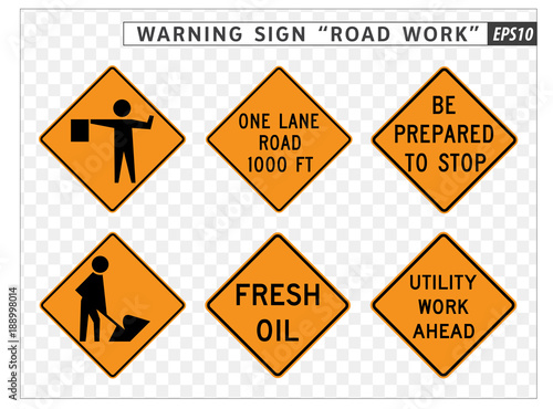 Road sign. Warning. Road Work.  Vector illustration on transparent background