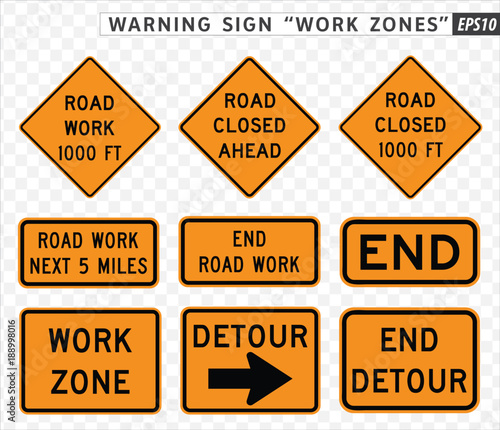 Road sign. Warning. Work Zones.  Vector illustration on transparent background