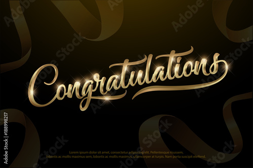 Congratulations. Calligraphy lettering. Handwritten phrase with gold text on dark background.