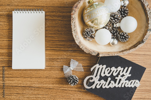 Christmas concept with empty blank book with Christmas decorations.