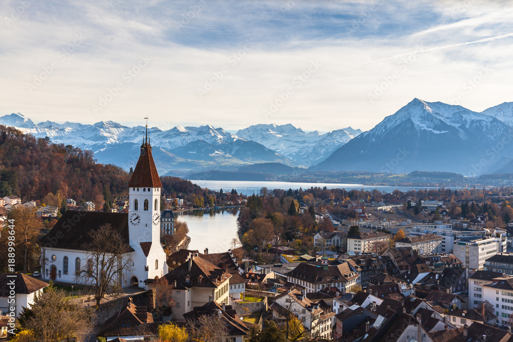 Stunning view of the Thun city and lake