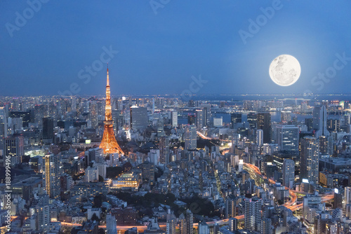 Canvas Print Fine art Tokyo tower night with full moon