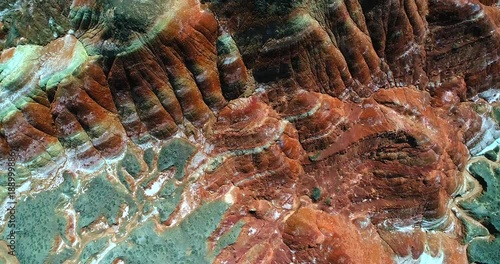 World’s most amazing places. Aerial top down view on the colorful rainbow mountains of Zhangye Danxia landform geological park in Gansu province. Part 3 of a 9 part series-can be merged into 1 movie