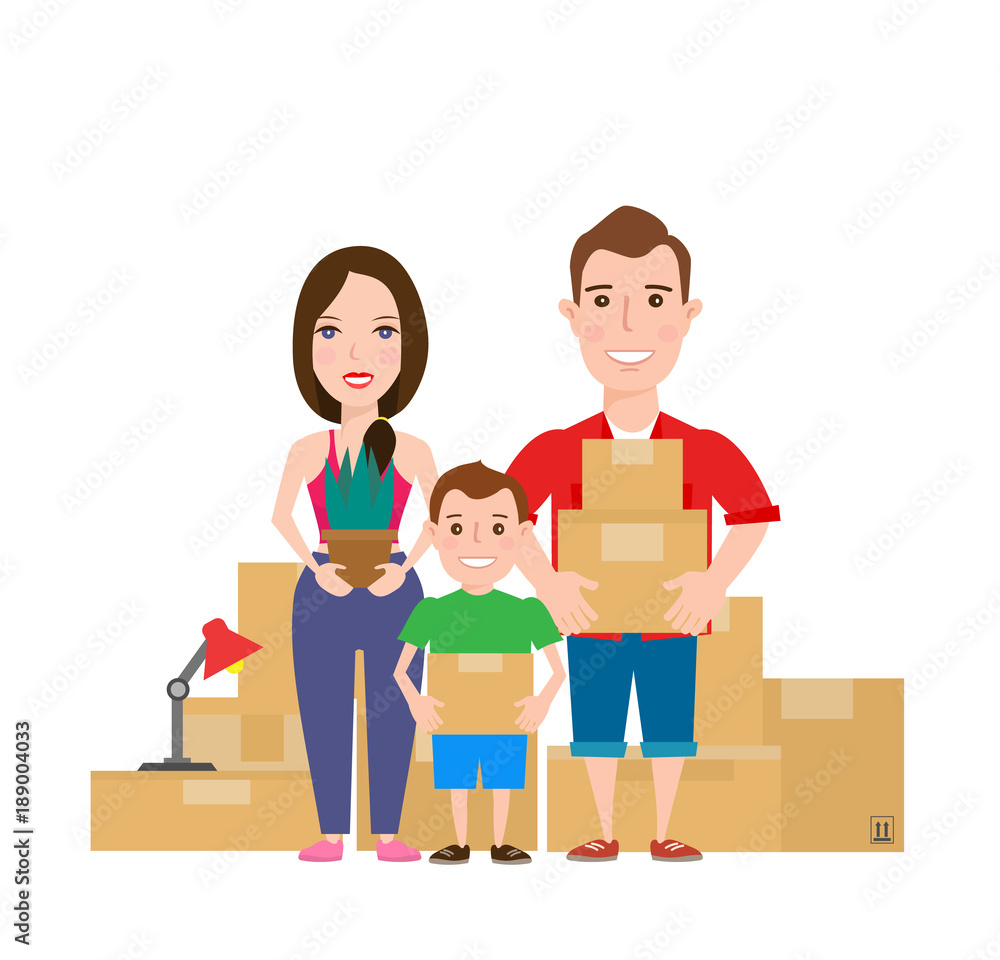 family with cardboard boxes. moving day concept family with cardboard boxes. moving day concept