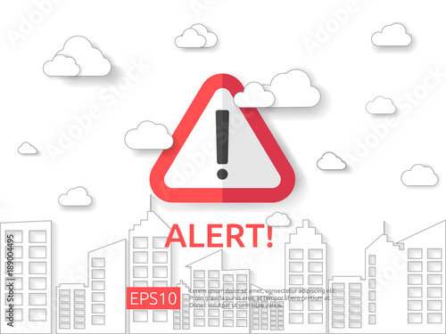 attention exclamation warning alert mark symbol sign with cloud and building background. internet security business Concept vector illustration.